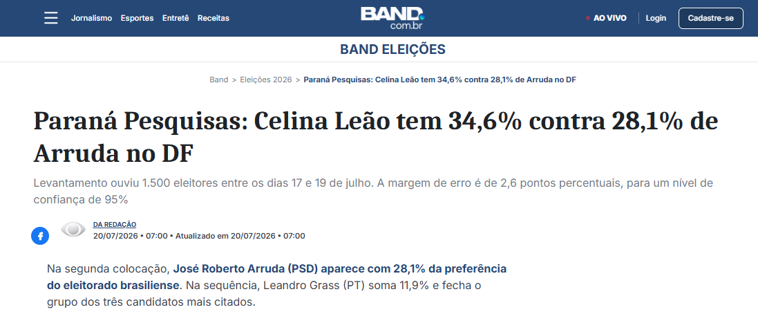 Band cita pesquisa realizada para Paraná Pesquisas no Distrito Federal. 2 Band cita pesquisa realizada para Paraná Pesquisas no Distrito Federal.