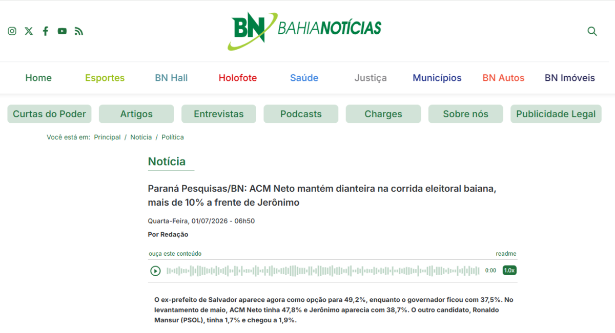 Bahia Notícias cita pesquisa realizada para Paraná Pesquisas no Estado da Bahia. 2 Bahia Notícias cita pesquisa realizada para Paraná Pesquisas no Estado da Bahia.