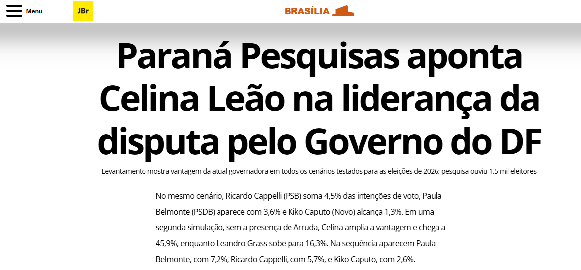 Jornal de Brasília cita pesquisa realizada para Paraná Pesquisas no Distrito Federal. 2 Jornal de Brasília cita pesquisa realizada para Paraná Pesquisas no Distrito Federal.