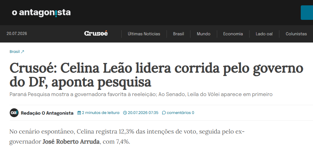 O Antagonista cita pesquisa realizada para Paraná Pesquisas no Distrito Federal. 2 O Antagonista cita pesquisa realizada para Paraná Pesquisas no Distrito Federal.