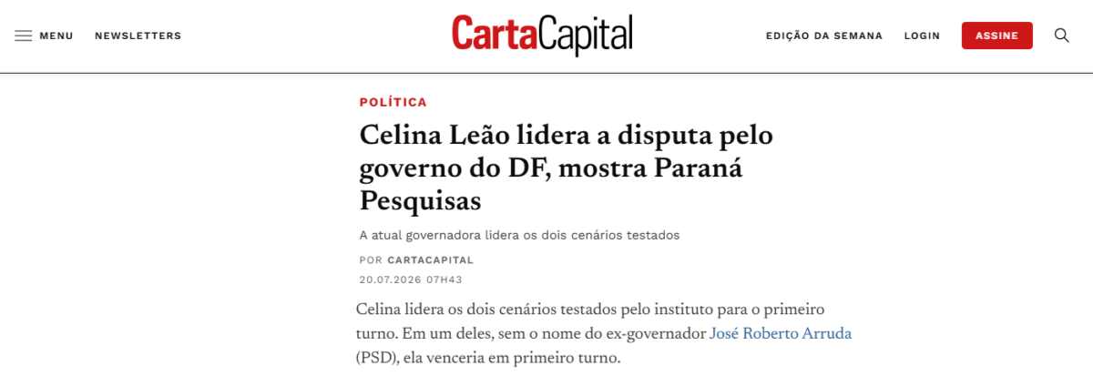 Carta Capital cita pesquisa realizada para Paraná Pesquisas no Distrito Federal. 2 Carta Capital cita pesquisa realizada para Paraná Pesquisas no Distrito Federal.