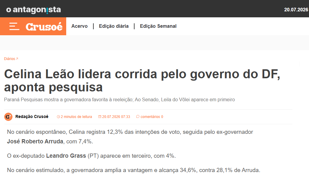 Crusoé cita pesquisa realizada para Paraná Pesquisas no Distrito Federal. 2 Crusoé cita pesquisa realizada para Paraná Pesquisas no Distrito Federal.