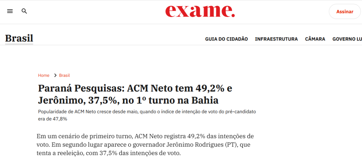 Exame cita pesquisa realizada para Paraná Pesquisas no Estado da Bahia.