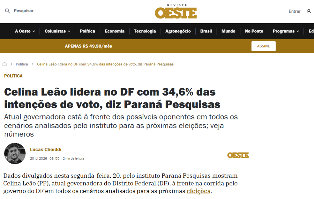 Revista Oeste cita pesquisa realizada para Paraná Pesquisas no Distrito Federal. 2 Revista Oeste cita pesquisa realizada para Paraná Pesquisas no Distrito Federal.