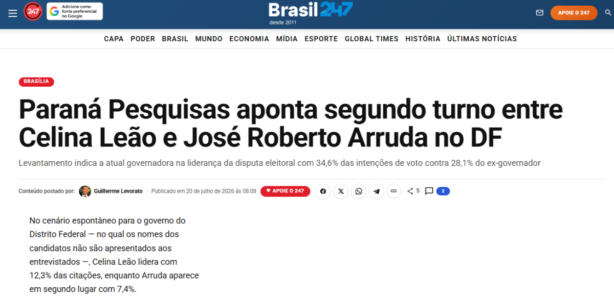 Brasil 247 cita pesquisa realizada para Paraná Pesquisas no Distrito Federal. 2 Brasil 247 cita pesquisa realizada para Paraná Pesquisas no Distrito Federal.