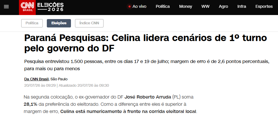 CNN Brasil cita pesquisa realizada para Paraná Pesquisas no Distrito Federal. 2 CNN Brasil cita pesquisa realizada para Paraná Pesquisas no Distrito Federal.
