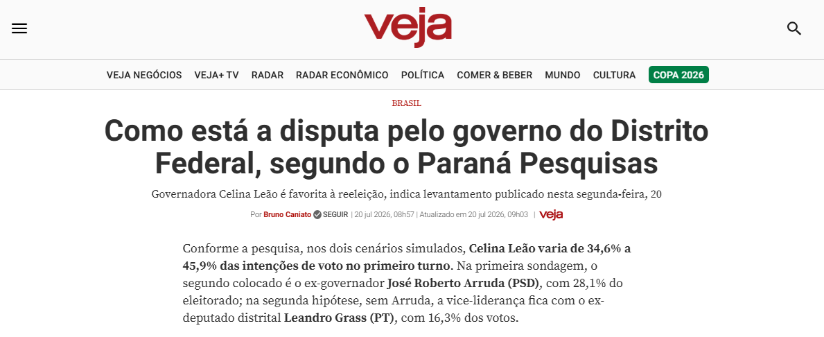 Veja cita pesquisa realizada para Paraná Pesquisas no Distrito Federal. 2 Veja cita pesquisa realizada para Paraná Pesquisas no Distrito Federal.