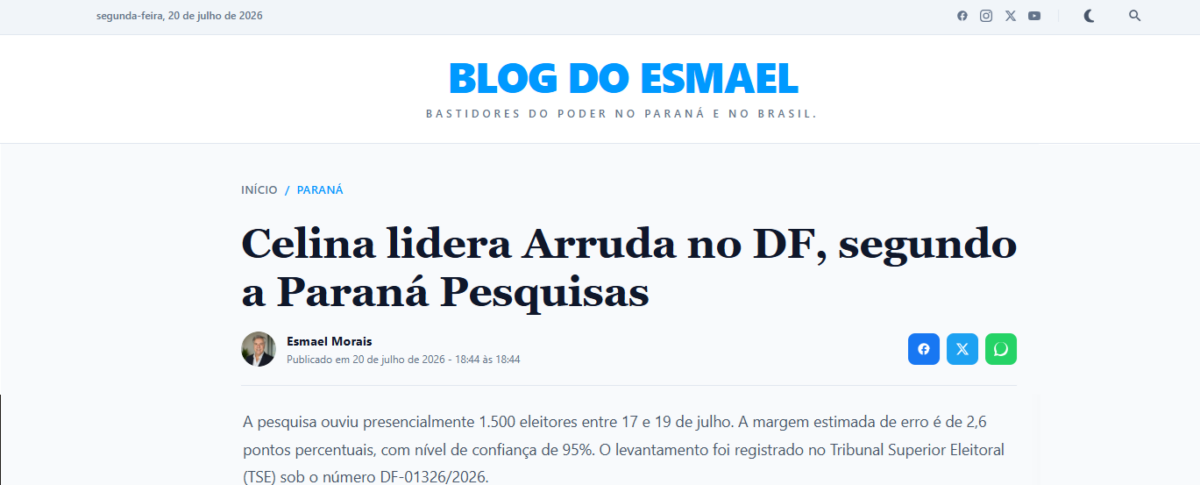Blog do Esmael cita pesquisa realizada para Paraná Pesquisas no Distrito Federal. 2 Blog do Esmael cita pesquisa realizada para Paraná Pesquisas no Distrito Federal.