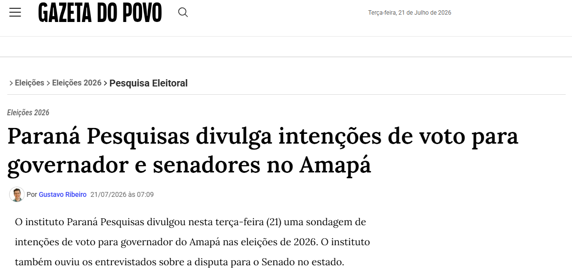 Gazeta do Povo cita pesquisa realizada para Paraná Pesquisas no Estado do Amapá. 2 Gazeta do Povo cita pesquisa realizada para Paraná Pesquisas no Estado do Amapá.