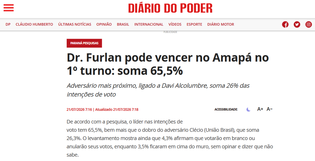 Diário do Poder cita pesquisa realizada para Paraná Pesquisas no Estado do Amapá. 2 Diário do Poder cita pesquisa realizada para Paraná Pesquisas no Estado do Amapá.