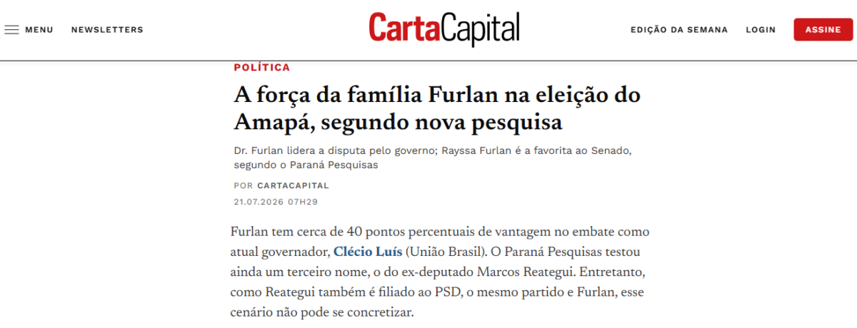 Carta Capital cita pesquisa realizada para Paraná Pesquisas no Estado do Amapá. 2 Carta Capital cita pesquisa realizada para Paraná Pesquisas no Estado do Amapá.