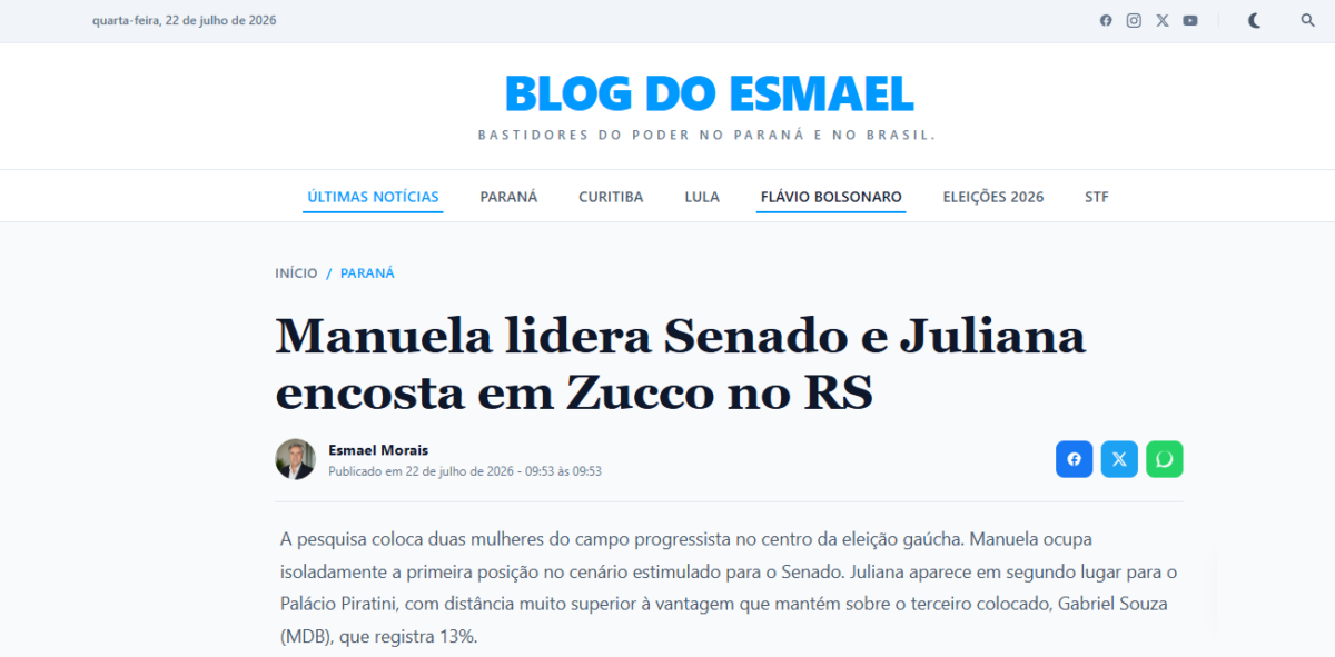Blog do Esmael cita pesquisa realizada para Paraná Pesquisas no Estado do Rio Grande do Sul.