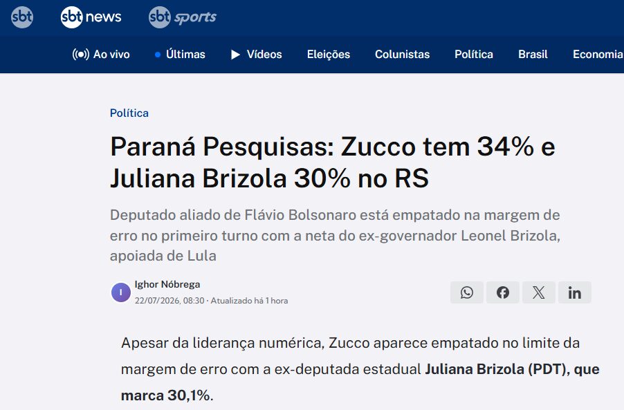 SBT News cita pesquisa realizada para Paraná Pesquisas no Estado do Rio Grande do Sul.
