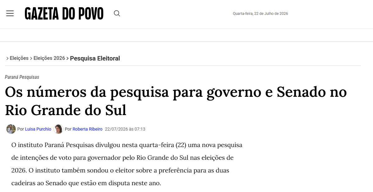Gazeta do Povo cita pesquisa realizada para Paraná Pesquisas no Estado do Rio Grande do Sul.