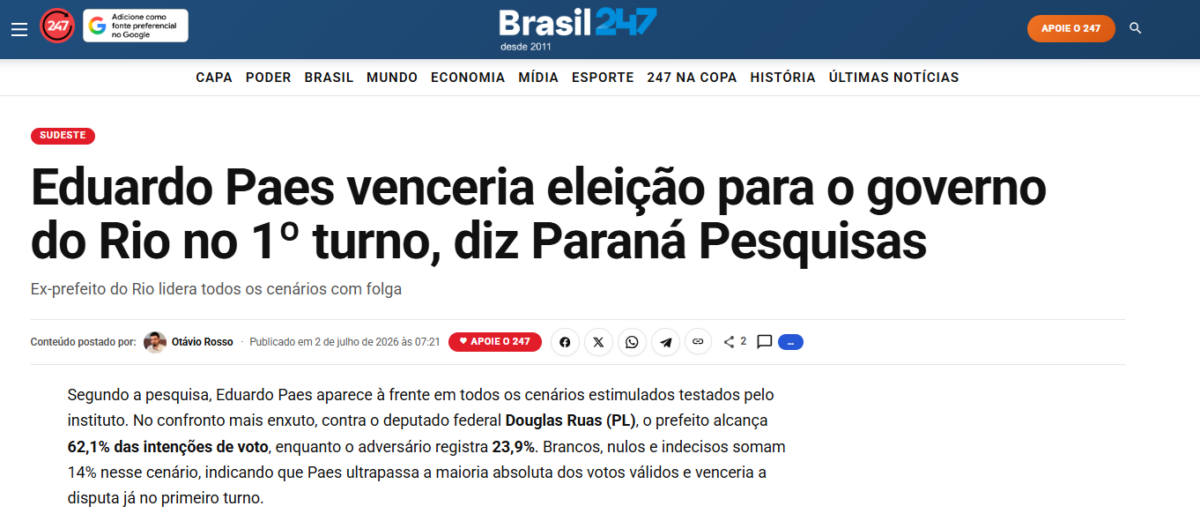 Brasil 247 cita pesquisa realizada para Paraná Pesquisas no Estado do Rio de Janeiro.