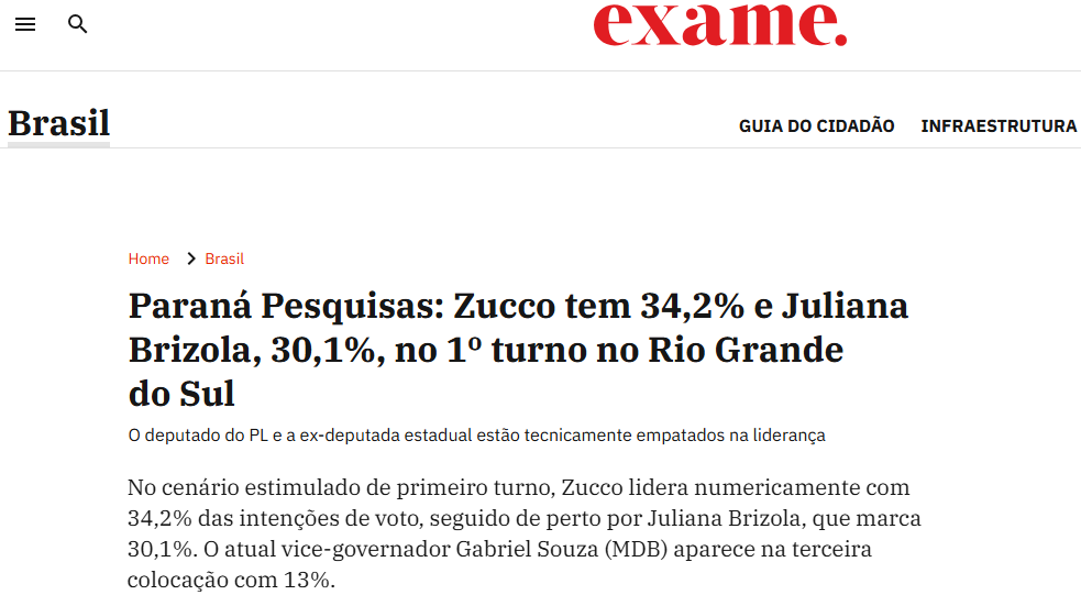 Exame cita pesquisa realizada para Paraná Pesquisas no Estado do Rio Grande do Sul.