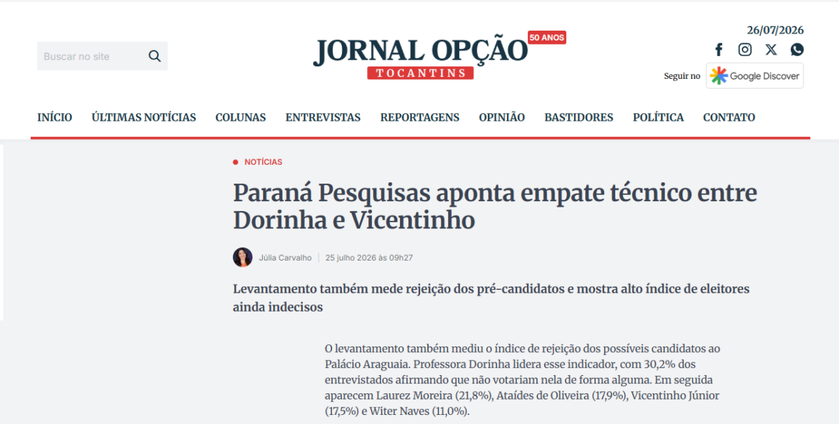 Jornal Opção cita pesquisa realizada para Paraná Pesquisas no Estado do Tocantins.