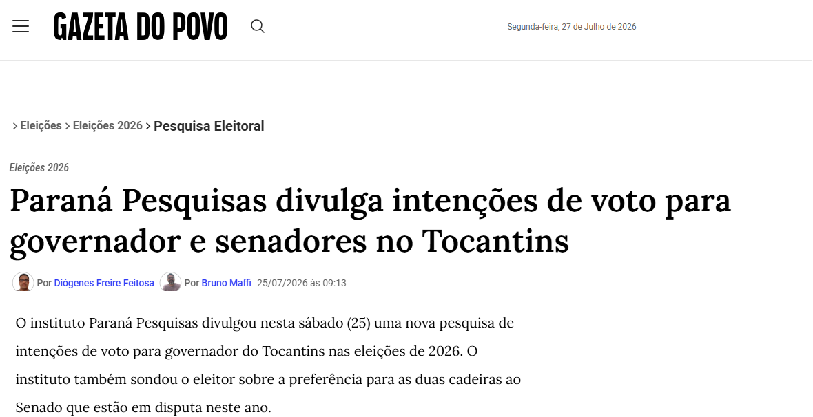 Gazeta do Povo cita pesquisa realizada para Paraná Pesquisas no Estado do Tocantins.