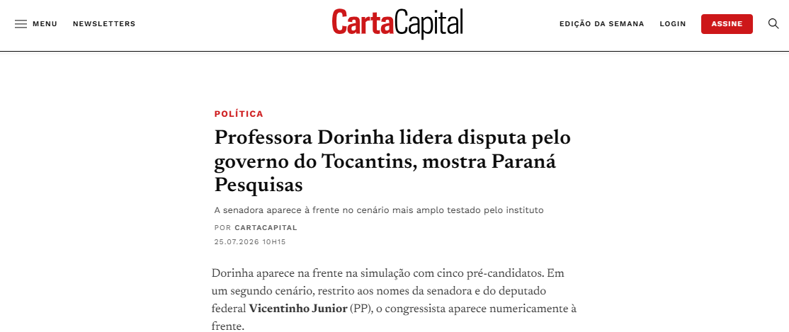 Carta Capital cita pesquisa realizada para Paraná Pesquisas no Estado do Tocantins.