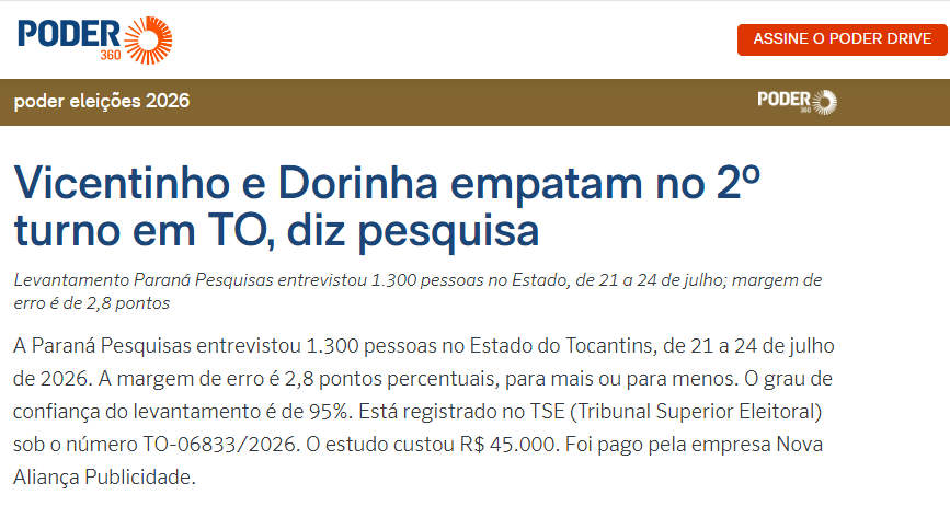 Poder 360 cita pesquisa realizada para Paraná Pesquisas no Estado do Tocantins.
