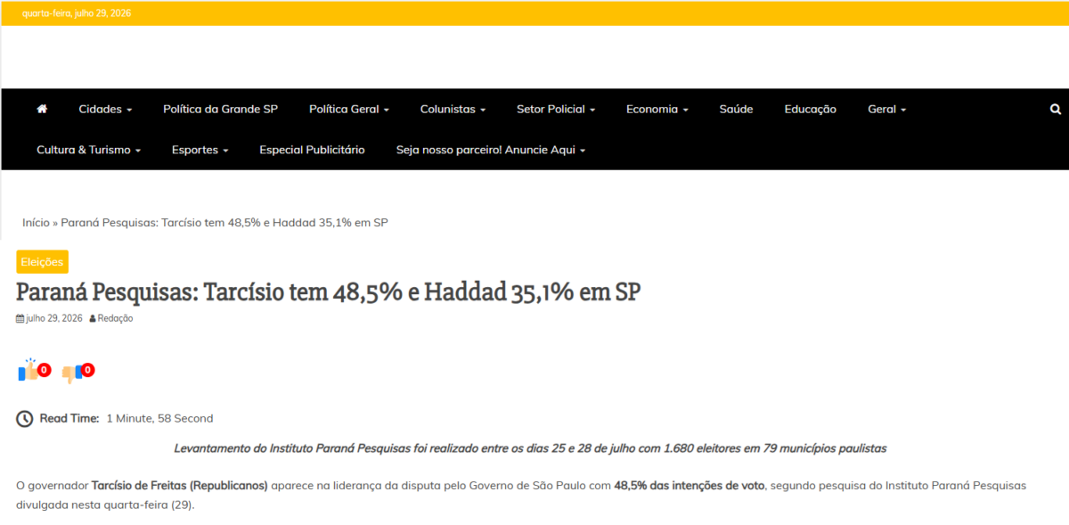 Hora SP cita pesquisa realizada para Paraná Pesquisas no Estado de São Paulo.