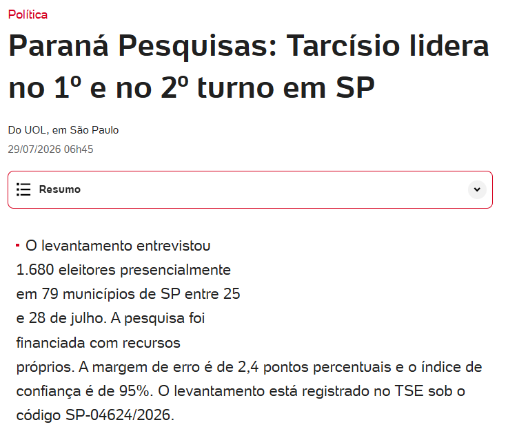UOL Notícias cita pesquisa realizada para Paraná Pesquisas no Estado de São Paulo. 2 UOL Notícias cita pesquisa realizada para Paraná Pesquisas no Estado de São Paulo.