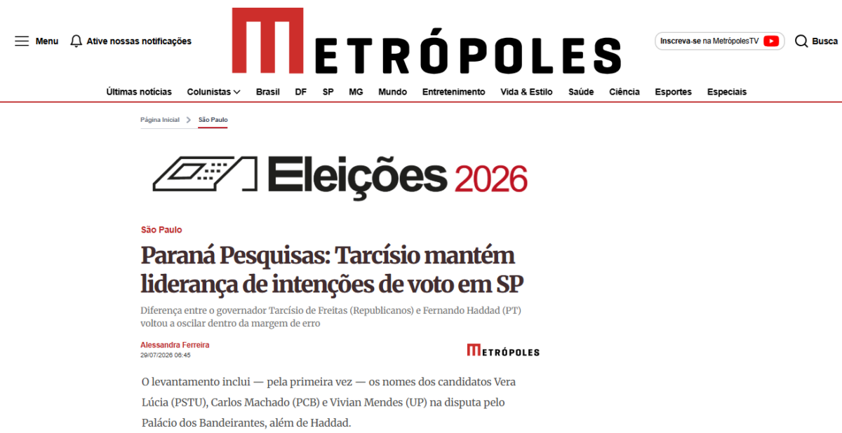 Metrópoles cita pesquisa realizada para Paraná Pesquisas no Estado de São Paulo. 2 Metrópoles cita pesquisa realizada para Paraná Pesquisas no Estado de São Paulo.