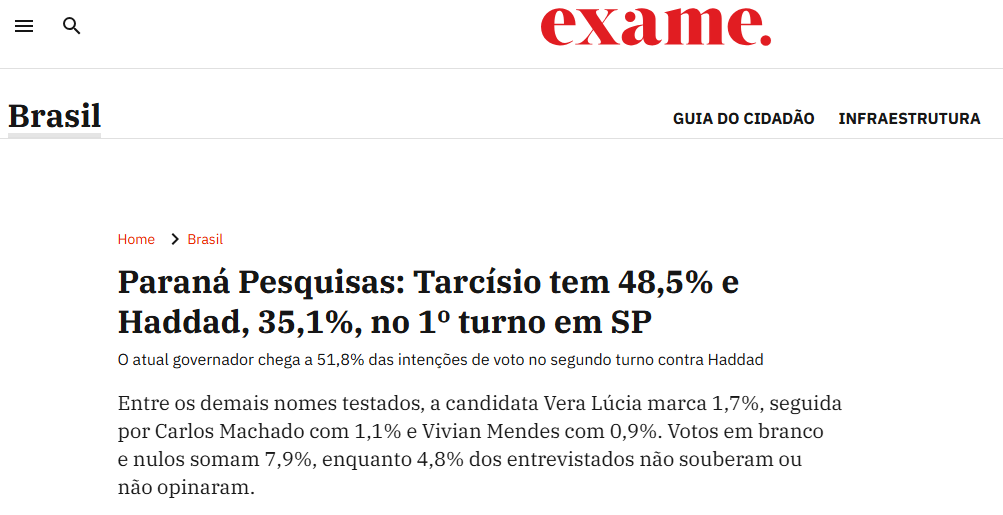 Exame cita pesquisa realizada para Paraná Pesquisas no Estado de São Paulo. 2 Exame cita pesquisa realizada para Paraná Pesquisas no Estado de São Paulo.