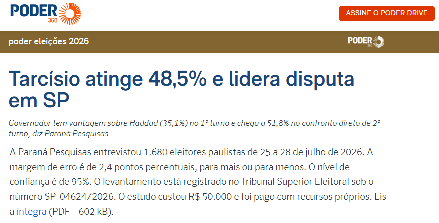Poder 360 cita pesquisa realizada para Paraná Pesquisas no Estado de São Paulo. 2 Poder 360 cita pesquisa realizada para Paraná Pesquisas no Estado de São Paulo.