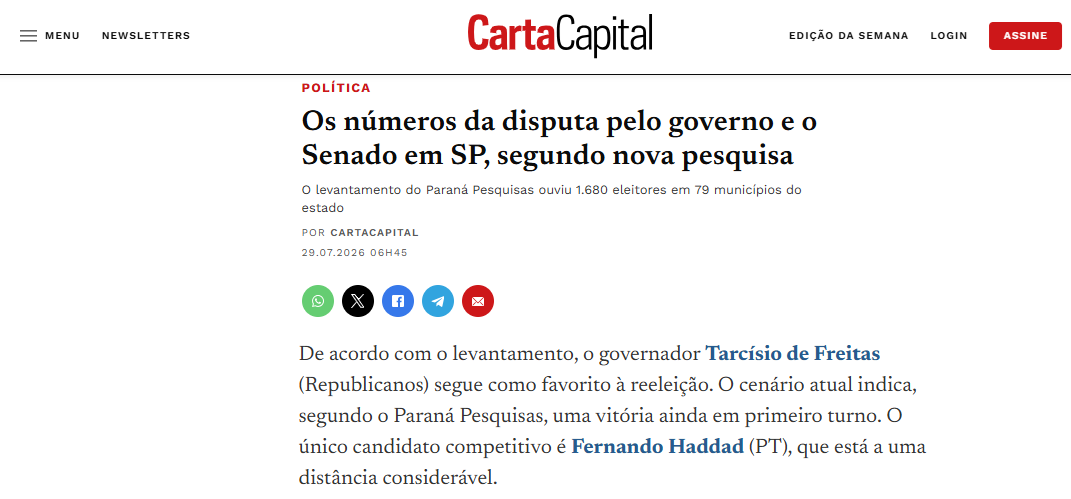 Carta Capital cita pesquisa realizada para Paraná Pesquisas no Estado de São Paulo. 2 Carta Capital cita pesquisa realizada para Paraná Pesquisas no Estado de São Paulo.