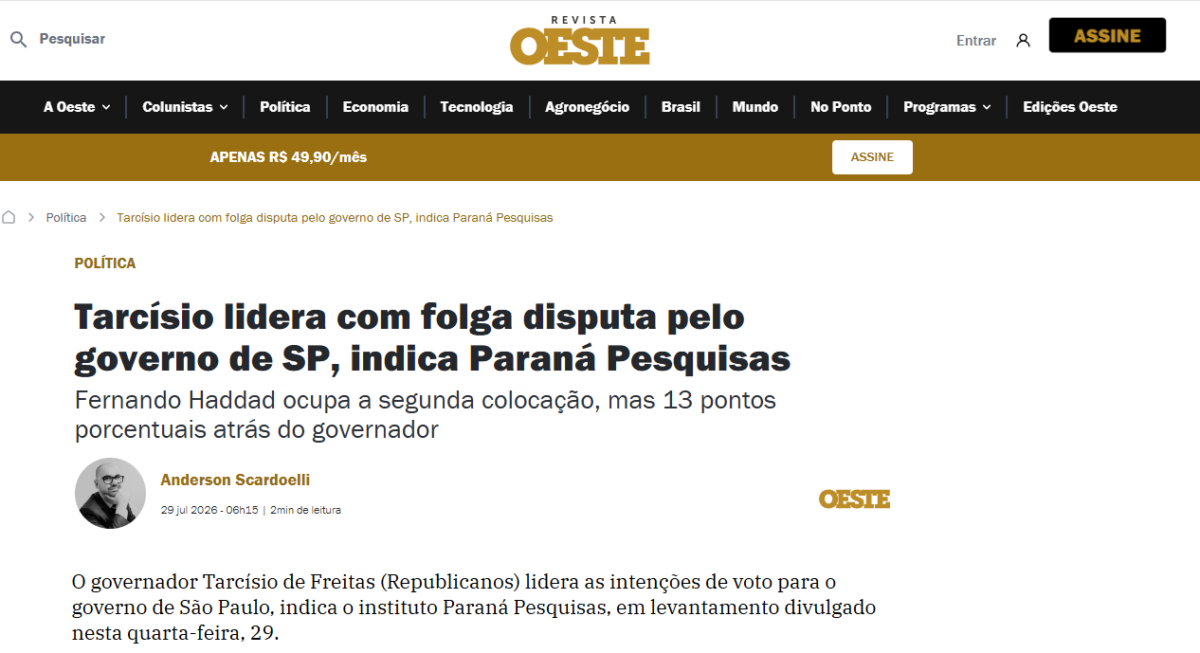 Revista Oeste cita pesquisa realizada para Paraná Pesquisas no Estado de São Paulo.