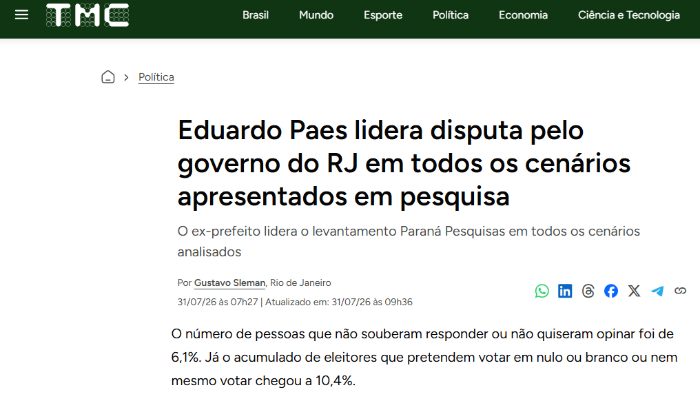 TMC cita pesquisa realizada para Paraná Pesquisas no Estado do Rio de Janeiro.