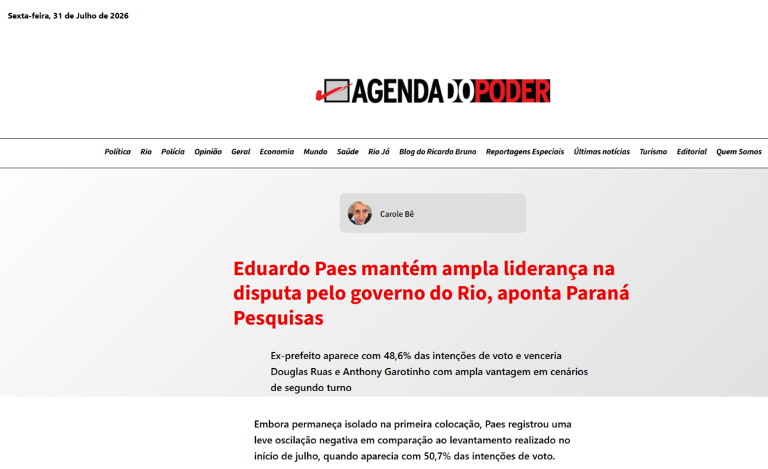 Agenda do Poder cita pesquisa realizada para Paraná Pesquisas no Estado do Rio de Janeiro. 2 Agenda do Poder cita pesquisa realizada para Paraná Pesquisas no Estado do Rio de Janeiro.