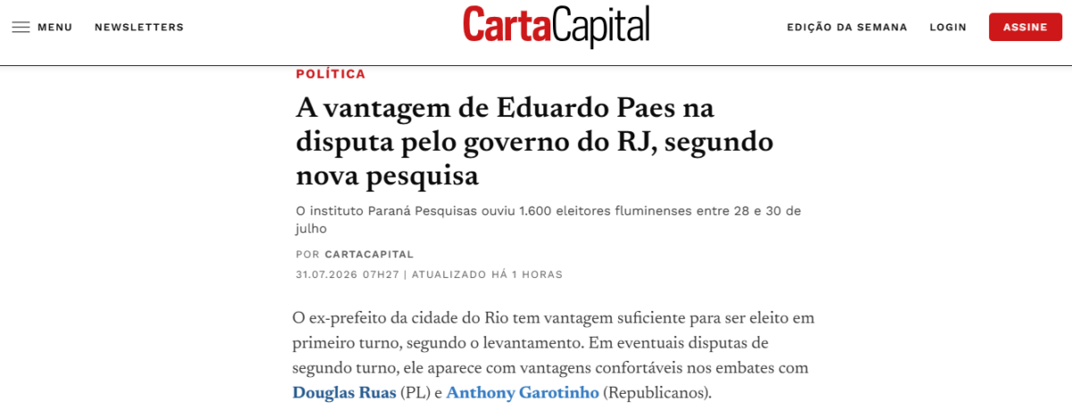 Carta Capital cita pesquisa realizada para Paraná Pesquisas no Estado do Rio de Janeiro. 2 Carta Capital cita pesquisa realizada para Paraná Pesquisas no Estado do Rio de Janeiro.
