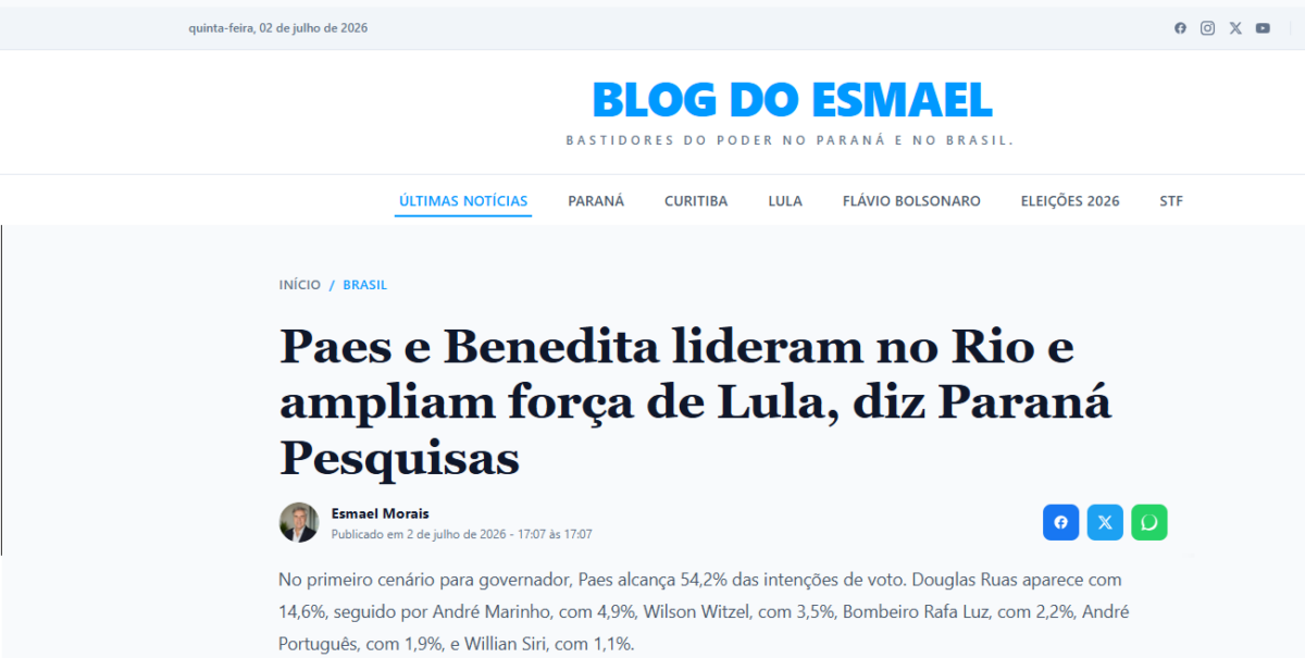 Blog do Esmael cita pesquisa realizada para Paraná Pesquisas no Estado do Rio de Janeiro. 2 Blog do Esmael cita pesquisa realizada para Paraná Pesquisas no Estado do Rio de Janeiro.