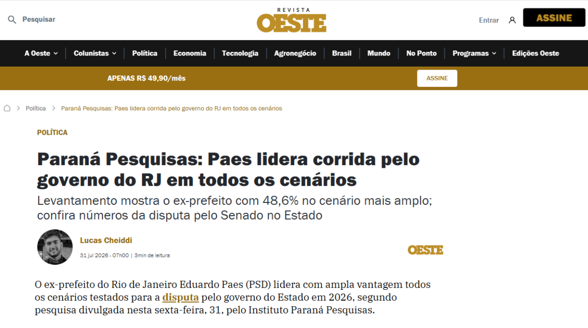 Revista Oeste cita pesquisa realizada para Paraná Pesquisas no Estado do Rio de Janeiro. 2 Revista Oeste cita pesquisa realizada para Paraná Pesquisas no Estado do Rio de Janeiro.