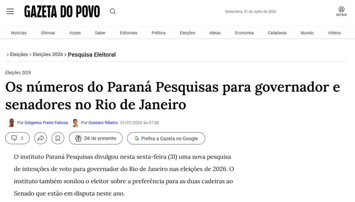 Gazeta do Povo cita pesquisa realizada para Paraná Pesquisas no Estado do Rio de Janeiro.