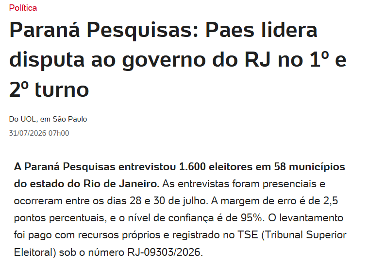 UOL Notícias cita pesquisa realizada para Paraná Pesquisas no Estado do Rio de Janeiro.