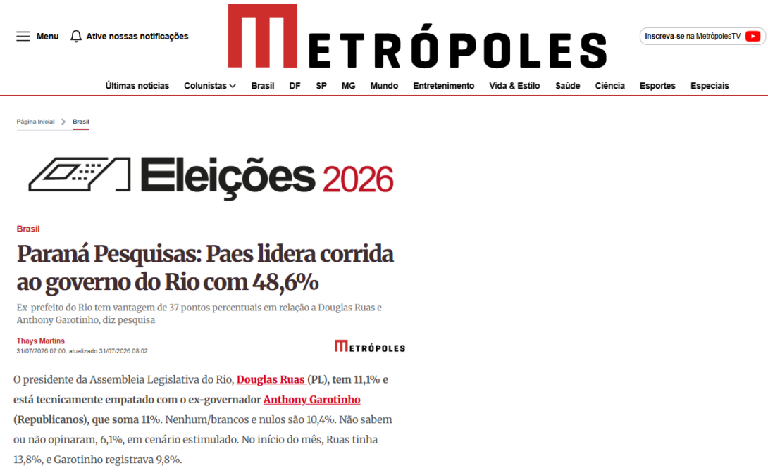 Metrópoles cita pesquisa realizada para Paraná Pesquisas no Estado do Rio de Janeiro. 2 Metrópoles cita pesquisa realizada para Paraná Pesquisas no Estado do Rio de Janeiro.