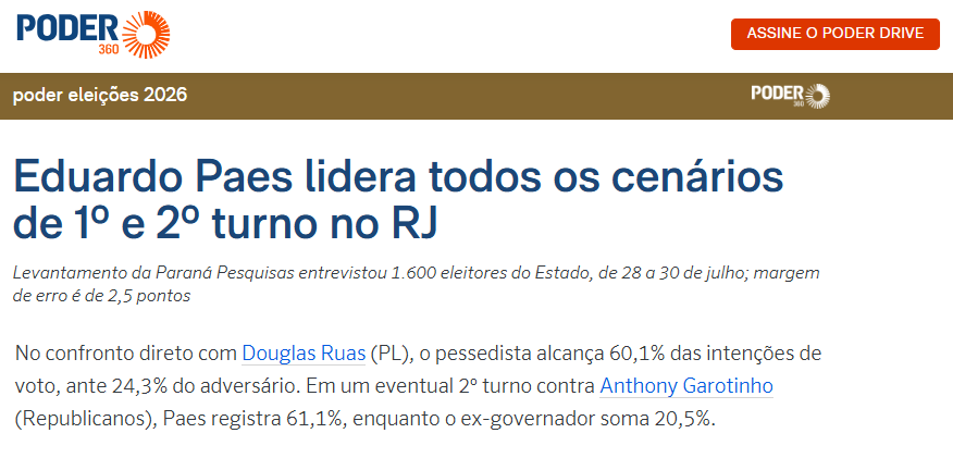 Poder 360 cita pesquisa realizada para Paraná Pesquisas no Estado do Rio de Janeiro. 2 Poder 360 cita pesquisa realizada para Paraná Pesquisas no Estado do Rio de Janeiro.
