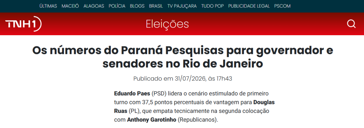 TNH1 cita pesquisa realizada para Paraná Pesquisas no Estado do Rio de Janeiro. 2 TNH1 cita pesquisa realizada para Paraná Pesquisas no Estado do Rio de Janeiro.