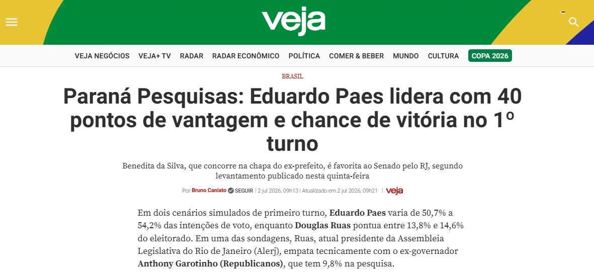 Veja cita pesquisa realizada para Paraná Pesquisas no Estado do Rio de Janeiro. 2 Veja cita pesquisa realizada para Paraná Pesquisas no Estado do Rio de Janeiro.