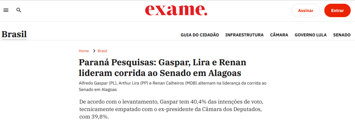 Exame cita pesquisa realizada para Paraná Pesquisas no Estado do Alagoas. 2 Exame cita pesquisa realizada para Paraná Pesquisas no Estado do Alagoas.
