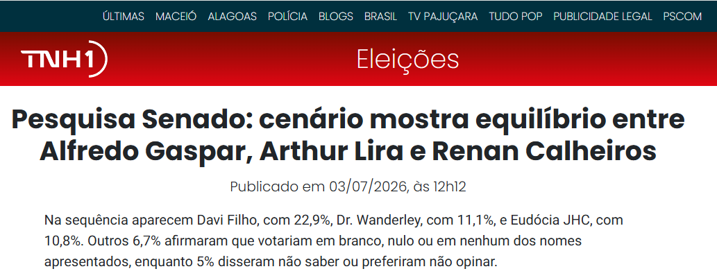 TNH1 cita pesquisa realizada para Paraná Pesquisas no Estado do Alagoas. 2 TNH1 cita pesquisa realizada para Paraná Pesquisas no Estado do Alagoas.