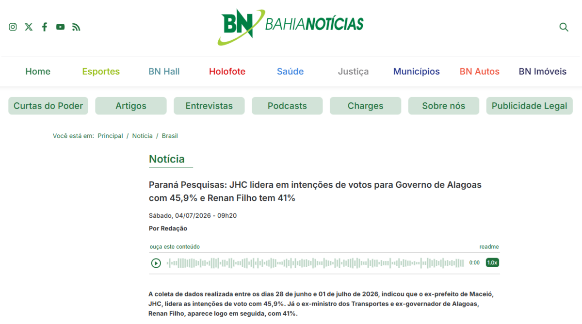 Bahia Notícias cita pesquisa realizada para Paraná Pesquisas no Estado do Alagoas.