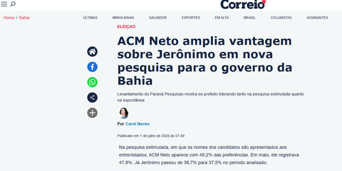 Correio 24 Horas cita pesquisa realizada para Paraná Pesquisas no Estado da Bahia. 2 Correio 24 Horas cita pesquisa realizada para Paraná Pesquisas no Estado da Bahia.