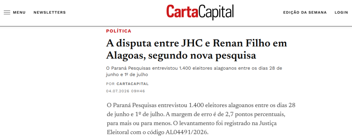 Carta Capital cita pesquisa realizada para Paraná Pesquisas no Estado do Alagoas.