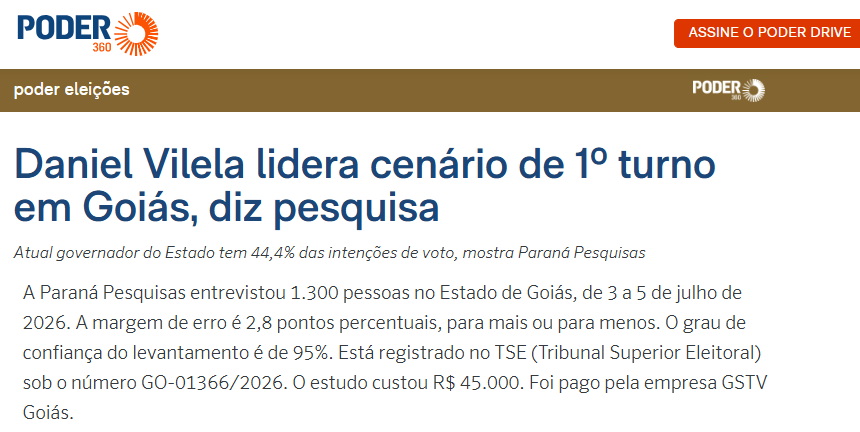 Poder 360 cita pesquisa realizada para Paraná Pesquisas no Estado de Goiás. 2 Poder 360 cita pesquisa realizada para Paraná Pesquisas no Estado de Goiás.