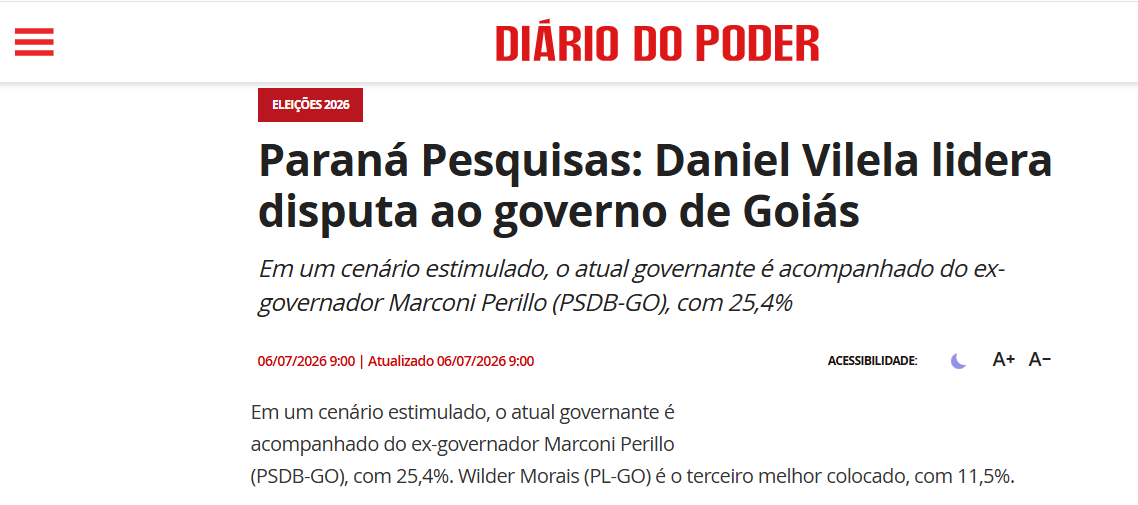 Diário do Poder cita pesquisa realizada para Paraná Pesquisas no Estado de Goiás. 2 Diário do Poder cita pesquisa realizada para Paraná Pesquisas no Estado de Goiás.