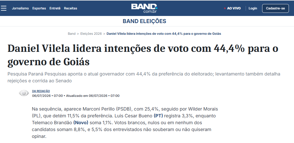 Band cita pesquisa realizada para Paraná Pesquisas no Estado de Goiás. 2 Band cita pesquisa realizada para Paraná Pesquisas no Estado de Goiás.